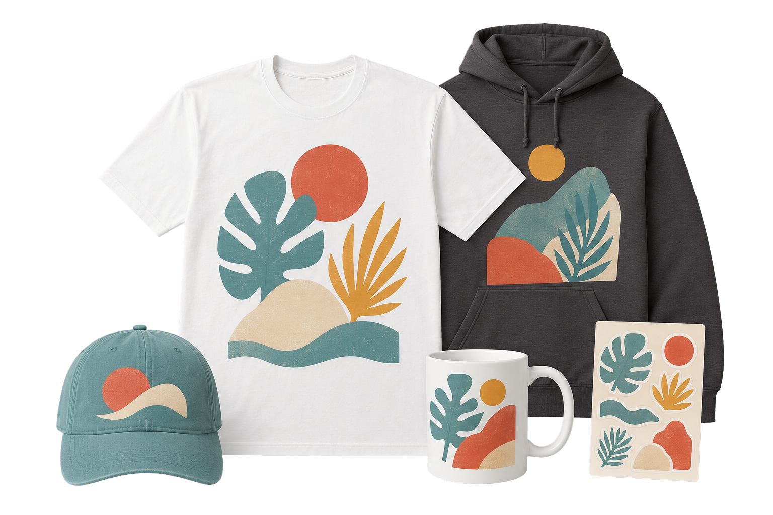 A collection of custom T-shirt, hoodie, cap, cup and stickers